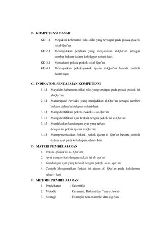 B. KOMPETENSI DASAR
C. INDIKATOR PENCAPAIAN KOMPETENSI
1.1.1 Meyakini kebenaran nilai-nilai yang terdapat pada pokok-pokok isi
al-Qur’an
2.1.1 Menerapkan Perilaku yang menjadikan al-Qur’an sebagai sumber
hukum dalam kehidupan sehari-hari.
3.1.1 Mengidentifikasi pokok-pokok isi al-Qur’an
3.1.2 Mengidentifikasi ayat terkait dengan pokok isi al-Qur’an
3.1.3 Menjelaskan kandungan ayat yang terkait
dengan isi pokok ajaran al-Qur’an
4.1.1 Mempresentasikan Pokok- pokok ajaran al Qur`an beserta contoh
dalam ayat pada kehidupan sehari- hari
D. MATERI PEMBELAJARAN
1. Pokok- pokok isi al- Qur`an
2. Ayat yang terkait dengan pokok isi al- qur`an
3. Kandungan ayat yang terkait dengan pokok isi al- qur`an
4. Contoh Mengamalkan Pokok isi ajaran Al Qur`an pada kehidupan
sehari- hari
E. METODE PEMBELAJARAN
1. Pendekatan : Scientific
2. Metode : Ceramah, Diskusi dan Tanya Jawab
3. Strategi : Example non example, dan Jig Saw
KD 1.1 Meyakini kebenaran nilai-nilai yang terdapat pada pokok-pokok
isi al-Qur’an
KD 2.1 Menunjukkan perilaku yang menjadikan al-Qur’an sebagai
sumber hukum dalam kehidupan sehari-hari.
KD 3.1 Memahami pokok-pokok isi al-Qur’an
KD 4.1 Memaparkan pokok-pokok ajaran al-Qur’an beserta contoh
dalam ayat
 