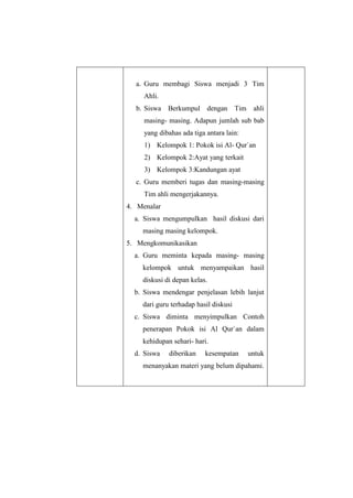 a. Guru membagi Siswa menjadi 3 Tim
Ahli.
b. Siswa Berkumpul dengan Tim ahli
masing- masing. Adapun jumlah sub bab
yang dibahas ada tiga antara lain:
1) Kelompok 1: Pokok isi Al- Qur`an
2) Kelompok 2:Ayat yang terkait
3) Kelompok 3:Kandungan ayat
c. Guru memberi tugas dan masing-masing
Tim ahli mengerjakannya.
4. Menalar
a. Siswa mengumpulkan hasil diskusi dari
masing masing kelompok.
5. Mengkomunikasikan
a. Guru meminta kepada masing- masing
kelompok untuk menyampaikan hasil
diskusi di depan kelas.
b. Siswa mendengar penjelasan lebih lanjut
dari guru terhadap hasil diskusi
c. Siswa diminta menyimpulkan Contoh
penerapan Pokok isi Al Qur`an dalam
kehidupan sehari- hari.
d. Siswa diberikan kesempatan untuk
menanyakan materi yang belum dipahami.
 