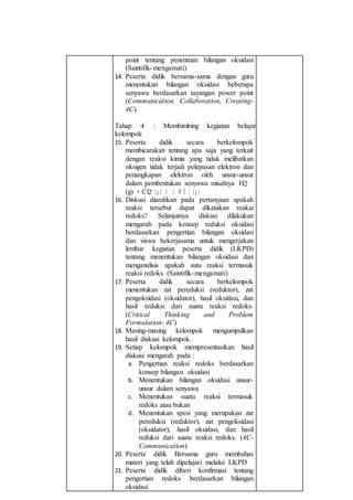 point tentang penentuan bilangan oksidasi
(Saintifik-mengamati)
14. Peserta didik bersama-sama dengan guru
menentukan bilangan oksidasi beberapa
senyawa berdasarkan tayangan power point
(Communication, Collaboration, Creating-
4C)
Tahap 4 : Membimbing kegiatan belajar
kelompok
15. Peserta didik secara berkelompok
membicarakan tentang apa saja yang terkait
dengan reaksi kimia yang tidak melibatkan
oksigen tidak terjadi pelepasan elektron dan
penangkapan elektron oleh unsur-unsur
dalam pembentukan senyawa misalnya H2
(g) + Cl2
16. Diskusi diarahkan pada pertanyaan apakah
reaksi tersebut dapat dikatakan reakai
redoks? Selanjutnya diskusi dilakukan
mengarah pada konsep reduksi oksidasi
berdasarkan pengertian bilangan oksidasi
dan siswa bekerjasama untuk mengerjakan
lembar kegiatan peserta didik (LKPD)
tentang menentukan bilangan oksidasi dan
menganalisis apakah sutu reaksi termasuk
reaksi redoks. (Saintifik-mengamati)
17. Peserta didik secara berkelompok
menentukan zat pereduksi (reduktor), zat
pengoksidasi (oksidator), hasil oksidasi, dan
hasil reduksi dari suatu reaksi redoks.
(Critical Thinking and Problem
Formulation- 4C)
18. Masing-masing kelompok mengumpulkan
hasil diskusi kelompok.
19. Setiap kelompok mempresentasikan hasil
diskusi mengarah pada :
a. Pengertian reaksi redoks berdasarkan
konsep bilangan oksidasi
b. Menentukan bilangan oksidasi unsur-
unsur dalam senyawa
c. Menentukan suatu reaksi termasuk
redoks atau bukan
d. Menentukan spesi yang merupakan zat
pereduksi (reduktor), zat pengoksidasi
(oksidator), hasil oksidasi, dan hasil
reduksi dari suatu reaksi redoks. (4C-
Communication)
20. Peserta didik Bersama guru membahas
materi yang telah dipelajari melalui LKPD
21. Peserta didik diberi konfirmasi tentang
pengertian redoks berdasarkan bilangan
oksidasi.
 