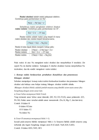 Pada reaksi di atas Na mengalami reaksi oksidasi dan menyebabkan S tereduksi. Zat
seperti Na ini disebut reduktor. Sedangkan S disebut oksidator karena menyebabkan Na
teroksidasi, dan dia sendiri mengalami reaksi reduksi.
3. Konsep redoks berdasarkan perubahan (kenaikkan dan penurunan)
bilangan oksidasi
Sebelum mempelajari konsep reaksi redoks berdasarkan kenaikan dan penurunan bilangan
oksidasi ada baiknya amu belajar tentang bilangan oksidasi terlebih dahulu.
Bilangan oksidasi (bilok) adalah jumlah muatan yang dimiliki atom suatu unsur jika
bergabung dengan atom unsur lain.
a.Unsur bebas mempunyai bilok 0 (nol).
Yang termasuk unsur bebas: unsur diatomik (H2, N2, O2, F2,I2), unsur poliatomik (O3,
P4, S8). Selain unsur tersebut adalah unsur monoatomik (Na, K, Mg, C, dan lain-lain).
Contoh: H dalam H
O dalam O2 dan
O3 F dalam F2
Na dalam Na
b.Unsur H umumnya mempunyai bilok (+1),
kecuali pada senyawa hidrida mempunyai bilok (–1). Senyawa hidrida adalah senyawa yang
terbentuk jika logam bergabung dengan atom H (Contoh: NaH, KH, CaH2).
Contoh: H dalam H2O, NH3, HCl.
 