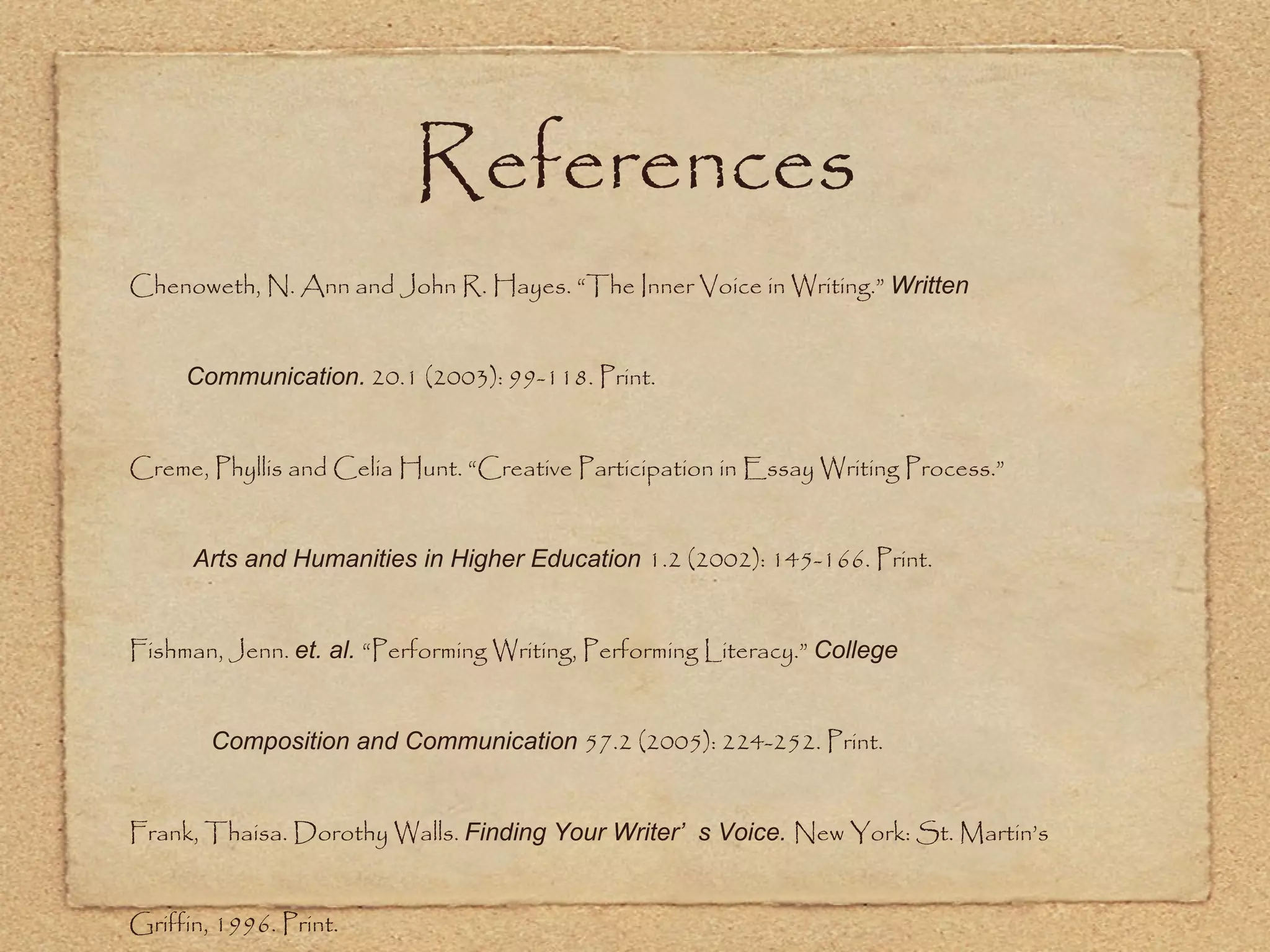 References Chenoweth, N. Ann and John R. Hayes. “The Inner Voice in Writing.”  Written  Communication.  20.1 (2003): 99-118. Print. Creme, Phyllis and Celia Hunt. “Creative Participation in Essay Writing Process.”  Arts and Humanities in Higher Education  1.2 (2002): 145-166. Print. Fishman, Jenn.  et. al.  “Performing Writing, Performing Literacy.”  College  Composition and Communication  57.2 (2005): 224-252. Print. Frank, Thaisa. Dorothy Walls.  Finding Your Writer’s Voice.  New York: St. Martin’s  Griffin, 1996. Print. 