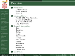 Research Plan
Ajay Kumar
Dhamija
Introduction
Carbon Finance
Kyoto Protocol
EU ETS
Literature
Review
The EU ETS
Price Formation
Econometric
Modeling
AI & Neural
Networks
CO2
determinants
Research
Methodology
Gaps
Objectives
Design
Scope
Determinants
Sample
Data Sources
Models
Hypotheses
Analyses
Implications
Chapter Plan
Gantt Chart
Overview
1 Introduction
Carbon Finance
Kyoto Protocol
EU ETS
2 Literature Review
The EU ETS Price Formation
Econometric Modeling
AI & Neural Networks
CO2 determinants
3 Research Methodology
Gaps
Objectives
Design
Scope
Determinants
Sample
Data Sources
Models
Hypotheses
Analyses
Implications
Chapter Plan
4 Gantt Chart
Ajay Kumar Dhamija (2010SMZ8205) Research Plan November 21, 2011 2 / 35
 