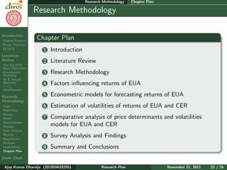 Research Plan
Ajay Kumar
Dhamija
Introduction
Carbon Finance
Kyoto Protocol
EU ETS
Literature
Review
The EU ETS
Price Formation
Econometric
Modeling
AI & Neural
Networks
CO2
determinants
Research
Methodology
Gaps
Objectives
Design
Scope
Determinants
Sample
Data Sources
Models
Hypotheses
Analyses
Implications
Chapter Plan
Gantt Chart
Research Methodology Chapter Plan
Research Methodology
Chapter Plan
1 Introduction
2 Literature Review
3 Research Methodology
4 Factors inﬂuencing returns of EUA
5 Econometric models for forecasting returns of EUA
6 Estimation of volatilities of returns of EUA and CER
7 Comparative analysis of price determinants and volatilities
models for EUA and CER
8 Survey Analysis and Findings
9 Summary and Conclusions
Ajay Kumar Dhamija (2010SMZ8205) Research Plan November 21, 2011 33 / 35
 
