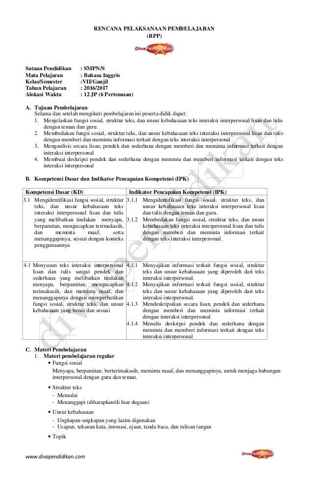 Rpp Revisi 2016 Bahasa Inggris Smp Kelas 7 Rpp Diva Pendidikan