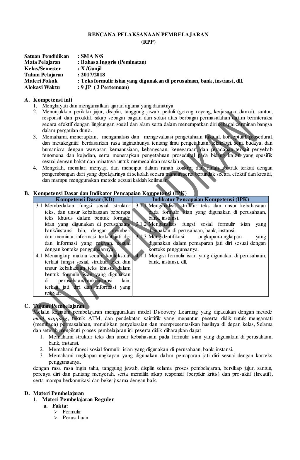 Rpp revisi 2017 bahasa inggris peminatan kelas 10 sma