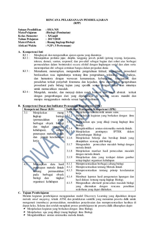 Rpp Revisi 2017 Biologi Kelas 10 Sma