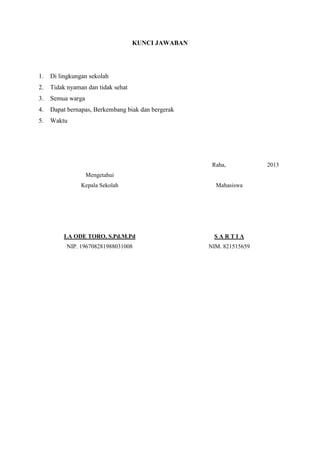 KUNCI JAWABAN

1.

Di lingkungan sekolah

2.

Tidak nyaman dan tidak sehat

3.

Semua warga

4.

Dapat bernapas, Berkembang biak dan bergerak

5.

Waktu

Raha,
Mengetahui
Kepala Sekolah

Mahasiswa

LA ODE TORO, S.Pd.M.Pd

SARTIA

NIP. 196708281988031008

NIM. 821515659

2013

 