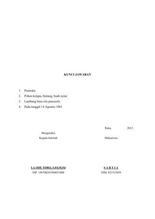 KUNCI JAWABAN

1.

Pramuka

2.

Pohon kelapa, bintang, buah nyiur

3.

Lambang lima sila pancasila

4.

Pada tanggal 14 Agustus 1961

Raha,
Mengetahui
Kepala Sekolah

Mahasiswa

LA ODE TORO, S.Pd.M.Pd

SARTIA

NIP. 196708281988031008

NIM. 821515659

2013

 