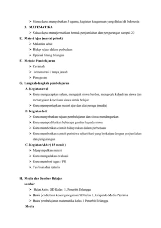  Siswa dapat menyebutkan 5 agama, kegiatan keagamaan yang diakui di Indonesia
3. MATEMATIKA
 Ssiwa dapat menejermahkan bentuk penjumlahan dan pengurangan sampai 20
E. Materi Ajar (materi pokok)
 Makanan sehat
 Hidup rukun dalam perbedaan
 Operasi hitung bilangan
F. Metode Pembelajaran
 Ceramah
 demonstrasi / tanya jawab
 Penugasan
G. Langkah-langkah pembelajaran
A. Kegiatanawal
 Guru mengucapkan salam, mengajak siswa berdoa, mengecek kehadiran siswa dan
menanyakan kesediaan siswa untuk belajar
 Guru mempersiapkan materi ajar dan alat peraga (media)
B. KegiatanInti
 Guru menyebutkan tujuan pembelajaran dan siswa mendengarkan
 Guru memperlihatkan beberapa gambar kepada siswa
 Guru memberikan contoh hidup rukun dalam perbedaan
 Guru memberikan contoh peristiwa sehari-hari yang berkaitan dengan penjumlahan
dan pengurangan
C. KegiatanAkhir( 15 menit )
 Menyimpulkan materi
 Guru mengadakan evaluasi
 Guru memberi tugas / PR
 Tes lisan dan tertulis

H. Media dan Sumber Belajar
sumber
 Buku Sains SD Kelas 1, Penerbit Erlangga
 Buku pendidikan kewarganegaraan SD kelas 1, Grapindo Media Pratama
 Buku pembelajaran matematika kelas 1 Penerbit Erlangga
Media

 