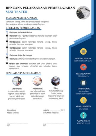 RENCANA PELAKSANAAN PEMBELAJARAN (RPP)
Mengetahui, Jakarta,
Kepala Sekolah Guru Mapel
Mata pelajaran : Bahasa Indonesia
Se...