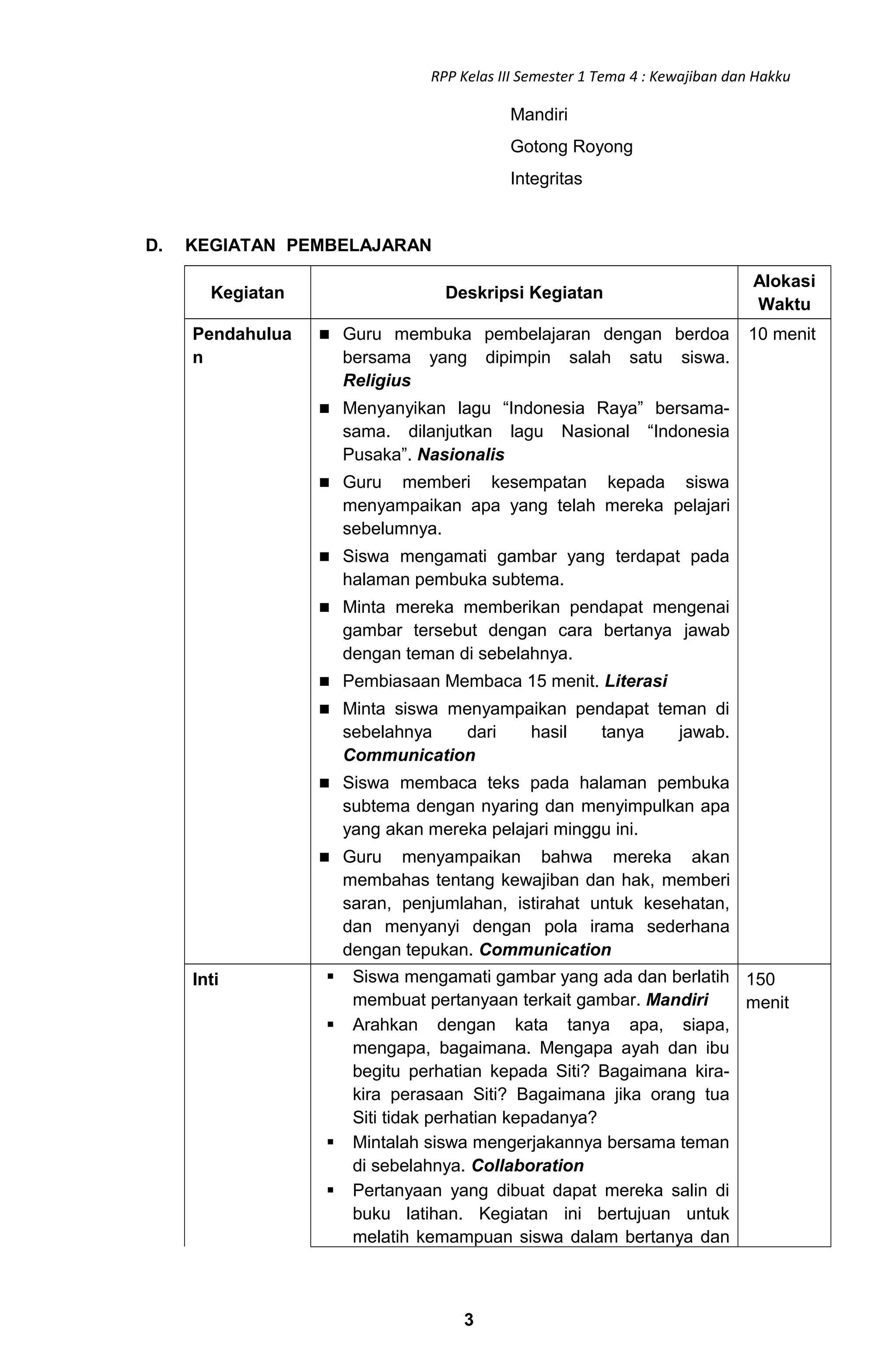 Rpp sd kelas 3 tema 4 kewajiban dan hakku revisi 2018 | DOC