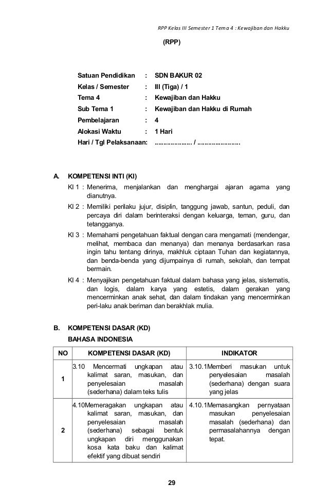 Rpp sd kelas 3 tema 4 kewajiban dan hakku revisi 2018