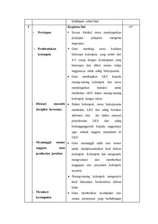 kehidupan sehari-hari. 
2 
- Persiapan 
- Pembentukan 
kelompok 
- Diskusi masalah 
(berpikir bersama) 
- Memanggil nomor 
anggota atau 
pemberian jawaban 
- Memberi 
kesimpulan 
Kegiatan Inti 
 Secara klasikal siswa mendengarkan 
penyajian pelajaran mengenai 
trapesium. 
 Guru membagi siswa kedalam 
beberapa kelompok, yang terdiri dari 
4-5 orang dengan kemampuan yang 
heterogen dan diberi nomor setiap 
anggotanya untuk saling bekerjasama. 
 Guru membagikan LKS kepada 
masing-masing kelompok dan siswa 
mendengarkan instruksi untuk 
membahas LKS dalam masing-masing 
kelompok dengan tekun. 
 Dalam kelompok, siswa bekerjasama 
membahas LKS dan saling bertukar 
informasi dan ide dalam mencari 
penyelesaian LKS dan saling 
bertanggungjawab kepada anggotanya 
agar seluruh anggota memahami isi 
LKS. 
 Guru memanggil salah satu nomor 
untuk mempresentasikan hasil diskusi 
kelompok. Kelompok lain mengamati, 
mengevaluasi dan memberikan 
tanggapan atas presentasi kelompok 
tersebut. 
 Masing-masing kelompok mengoreksi 
hasil diskusinya berdasarkan diskusi 
kelas. 
 Guru memberikan kesimpulan atas 
semua pertanyaan yang berhubungan 
65’ 
 