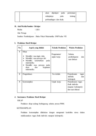 akan dipelajari pada pertemuan 
selanjutnya yaitu tentang 
perbandingan dan skala. 
H. Alat/Media/Sumber Belajar 
Media : LKS 
Alat Peraga : 
Sumber Pembelajaran : Buku Paket Matematika SMP kelas VII 
I. Penilaian Hasil Belajar 
No Aspek yang dinilai Teknik Penilaian Waktu Penilaian 
1 Sikap 
 Memiliki rasa ingin tahu 
 Memiliki rasa percaya diri 
 Memiliki ketertarikan pada 
matematika 
 Memiliki rasa percaya pada 
daya dan kegunaan 
matematika 
Pengamatan/ 
unjuk kerja 
Selama 
pembelajaran dan 
saat diskusi 
2 Pengetahuan 
Tes tertulis Penyelesaian tugas 
individu dan 
kelompok 
3 Keterampilan Unjuk kerja Penyelesaian tugas 
(baik individu 
maupun kelompok) 
dan saat diskusi 
J. Instrumen Penilaian Hasil Belajar 
SIKAP 
Penilaian sikap sedang berlangsung selama proses PBM. 
KETERAMPILAN 
Penilaian keterampilan dilakukan dengan mengamati keaktifan siswa dalam 
melaksanakan tugas (baik individu maupun kelompok). 
 