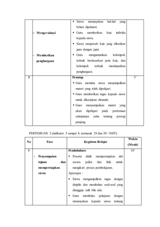  Mengevaluasi 
 Memberikan 
penghargaan 
 Siswa menanyakan hal-hal yang 
belum dipahami. 
 Guru memberikan kuis individu 
kepada siswa. 
 Siswa menjawab kuis yang diberikan 
guru dengan jujur. 
 Guru mengumumkan kelompok 
terbaik berdasarkan poin kuis, dan 
kelompok terbaik mendapatkan 
penghargaan. 
3 Penutup 
 Guru meminta siswa menyimpulkan 
materi yang telah dipelajari. 
 Guru memberikan tugas kepada siswa 
untuk dikerjakan dirumah. 
 Guru menyampaikan materi yang 
akan dipelajari pada pertemuan 
selanjutnya yaitu tentang persegi 
panjang. 
5’ 
PERTEMUAN 2 (indikator 5 sampai 8, termasuk 29 dan 30 / NHT): 
No Fase Kegiatan Belajar 
Waktu 
(Menit) 
1 
- Penyampaian 
tujuan dan 
mempersiapkan 
siswa 
Pendahuluan 
 Peserta didik mempersiapkan diri 
secara psikis dan fisik untuk 
mengikuti proses pembelajaran. 
Apersepsi : 
 Siswa mengumpulkan tugas dengan 
disiplin dan membahas soal-soal yang 
dianggap sulit bila ada. 
 Guru membuka pelajaran dengan 
menanyakan kepada siswa tentang 
10’ 
 