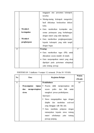 - Memberi 
kesimpulan 
- Memberi 
penghargaan 
tanggapan atas presentasi kelompok 
tersebut. 
 Masing-masing kelompok mengoreksi 
hasil diskusinya berdasarkan diskusi 
kelas. 
 Guru memberikan kesimpulan atas 
semua pertanyaan yang berhubungan 
dengan materi yang telah dipelajari. 
 Guru memberikan penghargaan/pujian 
kepada kelompok yang telah tampil 
dengan bagus. 
3 Penutup 
 Guru memberikan tugas (PR) untuk 
dikerjakan secara mandiri di rumah. 
 Guru menyampaikan materi yang akan 
dipelajari pada pertemuan selanjutnya 
yaitu tentang persegi. 
5’ 
PERTEMUAN 3 (indikator 9 sampai 12, termasuk 29 dan 30 / STAD): 
No Fase Kegiatan Belajar 
Waktu 
(Menit) 
1 
- Penyampaian tujuan 
dan mempersiapkan 
siswa 
Pendahuluan 
 Peserta didik mempersiapkan diri 
secara psikis dan fisik untuk 
mengikuti proses pembelajaran. 
Apersepsi : 
 Siswa mengumpulkan tugas dengan 
disiplin dan membahas soal-soal 
yang dianggap sulit bila ada. 
 Guru membuka pelajaran dengan 
menanyakan kepada siswa tentang 
materi sebelumnya yaitu tentang 
persegi panjang. 
10’ 
 