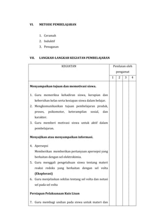 VI. METODE PEMBELAJARAN
1. Ceramah
2. Induktif
3. Penugasan
VII. LANGKAH-LANGKAH KEGIATAN PEMBELAJARAN
KEGIATAN Penilaian oleh
pengamat
1 2 3 4
Menyampaikan tujuan dan memotivasi siswa.
1. Guru memeriksa kehadiran siswa, kerapian dan
kebersihan kelas serta kesiapan siswa dalam belajar.
2. Mengkomunikasikan tujuan pembelajaran produk,
proses, psikomotor, keterampilan sosial, dan
karakter.
3. Guru memberi motivasi siswa untuk aktif dalam
pembelajaran.
Menyajikan atau menyampaikan informasi.
4. Apersepsi
Memberikan memberikan pertanyaan apersepsi yang
berkaitan dengan sel elektrokimia.
5. Guru menggali pengetahuan siswa tentang materi
reaksi redoks yang berkaitan dengan sel volta
(Eksplorasi)
6. Guru menjelaskan sekilas tentang sel volta dan notasi
sel pada sel volta
Persiapan Pelaksanaan Kuis Lisan
7. Guru membagi undian pada siswa untuk materi dan
 