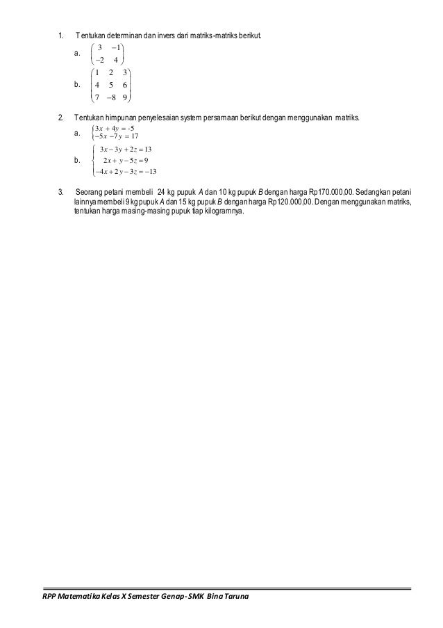 Rpp semester ii matematika smk b ina taruna matriks 