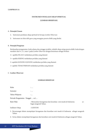 10 RPP Kurikulum 2013 Seni Budaya 
LAMPIRAN 1A 
INSTRUMEN PENILAIAN SIKAP SPIRITUAL 
(LEMBAR OBSERVASI) 
A. Petunjuk Umum 
1. Instrumen penilaian sikap spiritual ini berupa Lembar Observasi. 
2. Instrumen ini diisi oleh guru yang mengajar peserta didik yang dinilai. 
B. Petunjuk Pengisian 
Berdasarkan pengamatan Anda selama dua minggu terakhir, nilailah sikap setiap peserta didik Anda dengan 
memberi skor 4, 3, 2, atau 1 pada Lembar Observasi dengan ketentuan sebagai berikut: 
4 = apabila SELALU melakukan perilaku yang diamati 
3 = apabila SERING melakukan perilaku yang diamati 
2 =apabila KADANG-KADANG melakukan perilaku yang diamati 
1= apabila TIDAK PERNAH melakukan perilaku yang diamati 
C. Lembar Observasi 
LEMBAR OBSERVASI 
Kelas : … 
Semester : … 
Tahun Pelajaran : ... 
Periode Pengamatan : Tanggal … s.d. ... 
Butir Nilai : Mensyukuri keragaman dan keunikan seni musik di Indonesia se-bagai 
anugerah Tuhan. 
Indikator Sikap : CONTOH 
1. Bersemangat dalam mempelajari keragaman dan keunikan seni musik di Indonesia sebagai anugerah 
Tuhan. 
2. Serius dalam mempelajari keragaman dan keunikan seni musik di Indonesia sebagai anugerah Tuhan. 
 