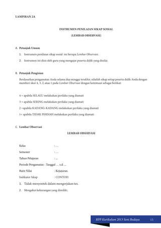 RPP Kurikulum 2013 Seni Budaya 15 
LAMPIRAN 2A 
INSTRUMEN PENILAIAN SIKAP SOSIAL 
(LEMBAR OBSERVASI) 
A. Petunjuk Umum 
1. Instrumen penilaian sikap sosial ini berupa Lembar Observasi. 
2. Instrumen ini diisi oleh guru yang mengajar peserta didik yang dinilai. 
B. Petunjuk Pengisian 
Berdasarkan pengamatan Anda selama dua minggu terakhir, nilailah sikap setiap peserta didik Anda dengan 
memberi skor 4, 3, 2, atau 1 pada Lembar Observasi dengan ketentuan sebagai berikut: 
4 = apabila SELALU melakukan perilaku yang diamati 
3 = apabila SERING melakukan perilaku yang diamati 
2 =apabila KADANG-KADANG melakukan perilaku yang diamati 
1= apabila TIDAK PERNAH melakukan perilaku yang diamati 
C. Lembar Observasi 
LEMBAR OBSERVASI 
Kelas : … 
Semester : … 
Tahun Pelajaran : ... 
Periode Pengamatan : Tanggal … s.d. ... 
Butir Nilai : Kejujuran. 
Indikator Sikap : CONTOH 
1. Tidak menyontek dalam mengerjakan tes. 
2. Mengakui kekurangan yang dimiliki. 
 