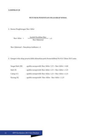 22 RPP Kurikulum 2013 Seni Budaya 
LAMPIRAN 2E 
PETUNJUK PENENTUAN NILAI SIKAP SOSIAL 
1. Rumus Penghitungan Skor Akhir 
Skor Akhir = Jumlah Perolehan Skor 
x 4 
Skor Maksimal 
Skor Maksimal = Banyaknya Indikator x 4 
2. Kategori nilai sikap peserta didik didasarkan pada Permendikbud No 81A Tahun 2013 yaitu: 
Sangat Baik (SB) : apabila memperoleh Skor Akhir: 3,33 < Skor Akhir ≤ 4,00 
Baik (B) : apabila memperoleh Skor Akhir: 2,33 < Skor Akhir ≤ 3,33 
Cukup (C) : apabila memperoleh Skor Akhir: 1,33 < Skor Akhir ≤ 2,33 
Kurang (K) : apabila memperoleh Skor Akhir: Skor Akhir ≤ 1,33 
 