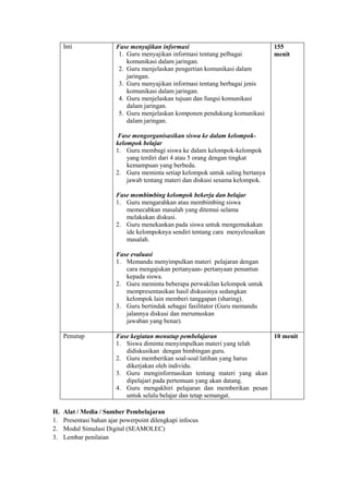 Inti 
Fase menyajikan informasi 
1. Guru menyajikan informasi tentang pelbagai komunikasi dalam jaringan. 
2. Guru menjelaskan pengertian komunikasi dalam jaringan. 
3. Guru menyajikan informasi tentang berbagai jenis komunikasi dalam jaringan. 
4. Guru menjelaskan tujuan dan fungsi komunikasi dalam jaringan. 
5. Guru menjelaskan komponen pendukung komunikasi dalam jaringan. 
Fase mengorganisasikan siswa ke dalam kelompok- kelompok belajar 
1. Guru membagi siswa ke dalam kelompok-kelompok yang terdiri dari 4 atau 5 orang dengan tingkat kemampuan yang berbeda. 
2. Guru meminta setiap kelompok untuk saling bertanya jawab tentang materi dan diskusi sesama kelompok. 
Fase membimbing kelompok bekerja dan belajar 
1. Guru mengarahkan atau membimbing siswa memecahkan masalah yang ditemui selama melakukan diskusi. 
2. Guru menekankan pada siswa untuk mengemukakan ide kelompoknya sendiri tentang cara menyelesaikan masalah. 
Fase evaluasi 
1. Memandu menyimpulkan materi pelajaran dengan cara mengajukan pertanyaan- pertanyaan penuntun kepada siswa. 
2. Guru meminta beberapa perwakilan kelompok untuk mempresentasikan hasil diskusinya sedangkan kelompok lain memberi tanggapan (sharing). 
3. Guru bertindak sebagai fasilitator (Guru memandu jalannya diskusi dan merumuskan 
jawaban yang benar). 
155 menit 
Penutup 
Fase kegiatan menutup pembelajaran 
1. Siswa diminta menyimpulkan materi yang telah didiskusikan dengan bimbingan guru. 
2. Guru memberikan soal-soal latihan yang harus dikerjakan oleh individu. 
3. Guru menginformasikan tentang materi yang akan dipelajari pada pertemuan yang akan datang. 
4. Guru mengakhiri pelajaran dan memberikan pesan untuk selalu belajar dan tetap semangat. 
10 menit 
H. Alat / Media / Sumber Pembelajaran 
1. Presentasi bahan ajar powerpoint dilengkapi infocus 
2. Modul Simulasi Digital (SEAMOLEC) 
3. Lembar penilaian 
 