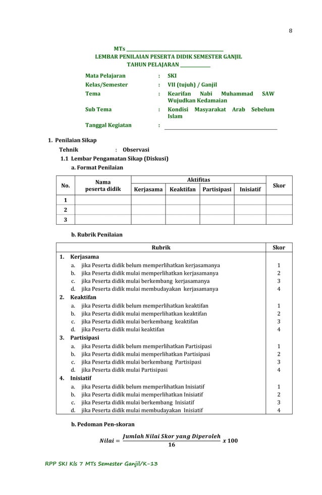 RPP SKI Kelas 7 MTs K-13 contoh | PDF