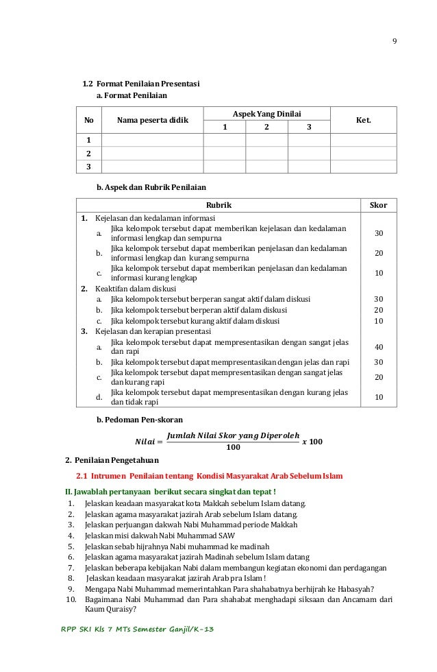 RPP SKI Kelas 7 MTs K-13 contoh