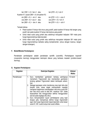 tan (180o +  ) = tan  atau
Kuadran IV (sudut (360o ) di kuadran IV)
sin (360o ) = sin  atau
cos (360o ) = cos  atau
tan (360o ) = tan  atau

tan (270o ) = cot 
sin (270o +  ) = cos 
cos (270o +  ) = sin 
tan (270o +  ) = cot 

Tampak bahwa
 Pada kuadran II hanya nilai sinus yang positif, pada kuadran III hanya nilai tangen yang
positif, dan pada kuadran IV hanya nilai kosinus yang positif.
 Untuk relasi sudut yang jumlah atau selisihnya merupakan kelipatan 180 o maka jenis
fungsi trigonometrinya tidak berubah.
 Untuk relasi sudut yang jumlah atau selisihnya merupakan kelipatan 90 o maka jenis
fungsi trigonometrinya berbeda saling komplementer. (sinus dengan kosinus, tangen
dengan kotangen).
F. Model/Metode Pembelajaran
Pendekatan pembelajaran adalah pendekatan saintifik (scientific). Pembelajaran koperatif
(cooperative learning) menggunakan kelompok diskusi yang berbasis masalah (problem-based
learning).

G. Kegiatan Pembelajaran
Kegiatan
Pendahuluan

Deskripsi Kegiatan

Alokasi
Waktu

1. Guru memberikan gambaran tentang pentingnya 10 menit
memahami Trigonometri dan memberikan gambaran
tentang aplikasi Trigonometri dalam kehidupan seharihari.
2. Sebagai apersepsi untuk mendorong rasa ingin tahu dan
berpikir kritis, siswa diajak memecahkan masalah
mengenai bagaimana mendapatkan nilai sinus sudut 90 o
dan nilai sinus sudut di atas 90o, misalnya 120o. (tidak
terpecahkan bila menggunakan definisi menggunakan
sisi-sisi pada segitiga siku-siku).
3. Guru menyampaikan tujuan pembelajaran yang ingin
dicapai yaitu memperluas definisi fungsi trigonometri
agar nilai fungsi trigonometri dapat diperoleh untuk besar
sudut 0o, 90o, sudut tumpul dan sudut refleks.

 