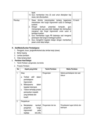tepat.
13. Guru memberikan lima (5) soal untuk dikerjakan tiap
siswa, dan dikumpulkan.
Penutup

1. Siswa diminta menyimpulkan tentang bagaimana 10 menit
menentukan nilai fungsi trigonometri sudut di berbagai
kuadran.
2. Dengan bantuan presentasi komputer, guru
menayangkan apa yang telah dipelajari dan disimpulkan
mengenai nilai fungsi trigonometri untuk sudut di
berbagai kuadran.
3. Guru memberikan tugas PR beberapa soal mengenai
penerapan nilai fungsi di berbagai kuadran.
4. Guru mengakhiri kegiatan belajar dengan memberikan
pesan untuk tetap belajar.

H. Alat/Media/Sumber Pembelajaran
1. Penggaris, busur, jangkaWorksheet atau lembar kerja (siswa)
2. Bahan tayang
3. Lembar penilaian
4. Video tentang lebah
I. Penilaian Hasil Belajar
1. Teknik Penilaian: pengamatan, tes tertulis
2. Prosedur Penilaian:
No
1.

Aspek yang dinilai
Sikap

Teknik Penilaian
Pengamatan

a. Terlibat aktif dalam
pembelajaran
trigonometri.
b. Bekerjasama
dalam
kegiatan kelompok.
c. Toleran terhadap proses
pemecahan masalah
yang berbeda dan
kreatif.
2.

Waktu Penilaian
Selama pembelajaran dan saat
diskusi

Pengetahuan

a. Menjelaskan
pengertian
trigonometri
segitiga

kembali Pengamatan dan tes
fungsi
pada
siku-siku

Penyelesaian tugas individu dan
kelompok

 