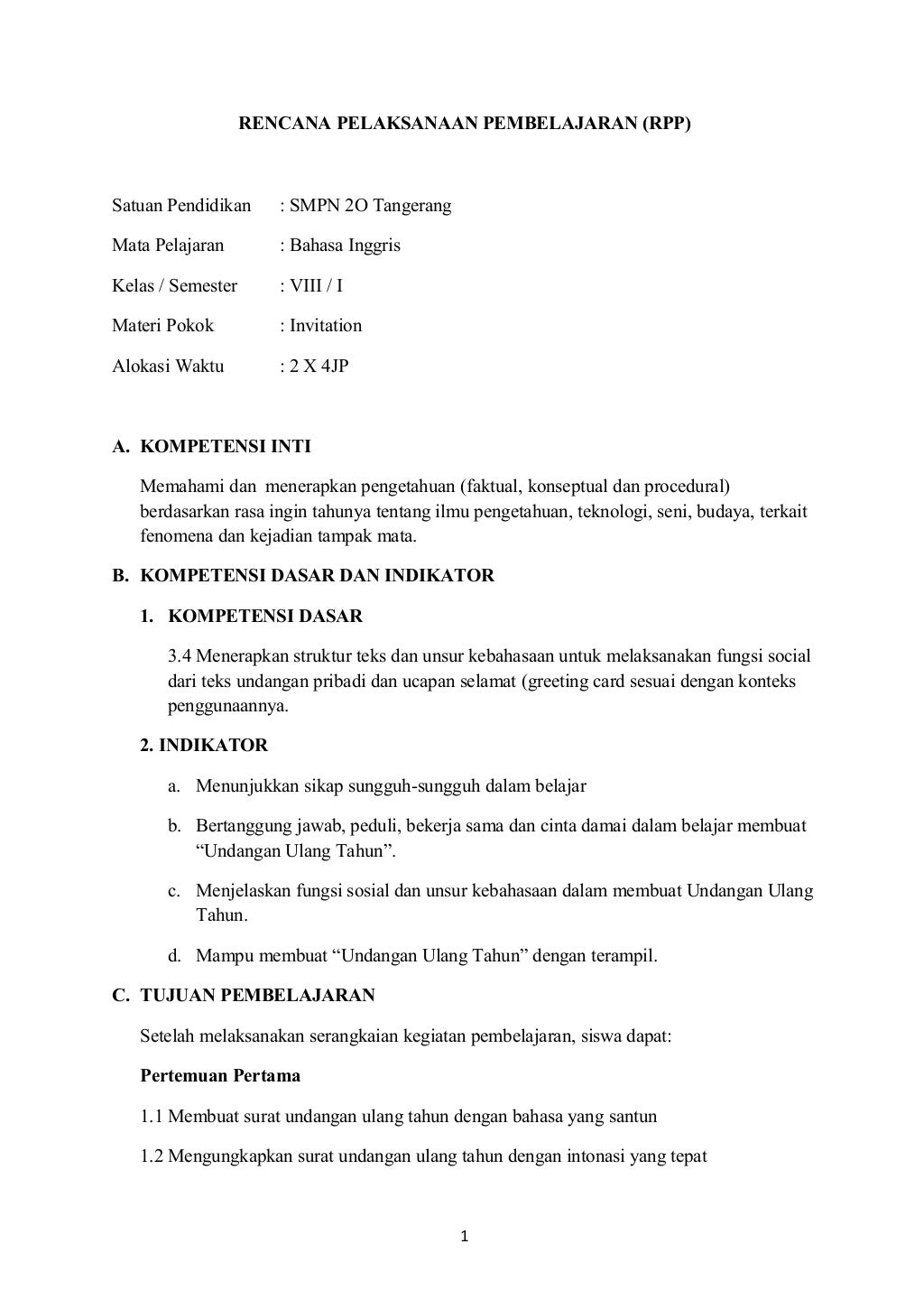 Rpp kurikulum 2013 SMP kelas 8 Invitation Card