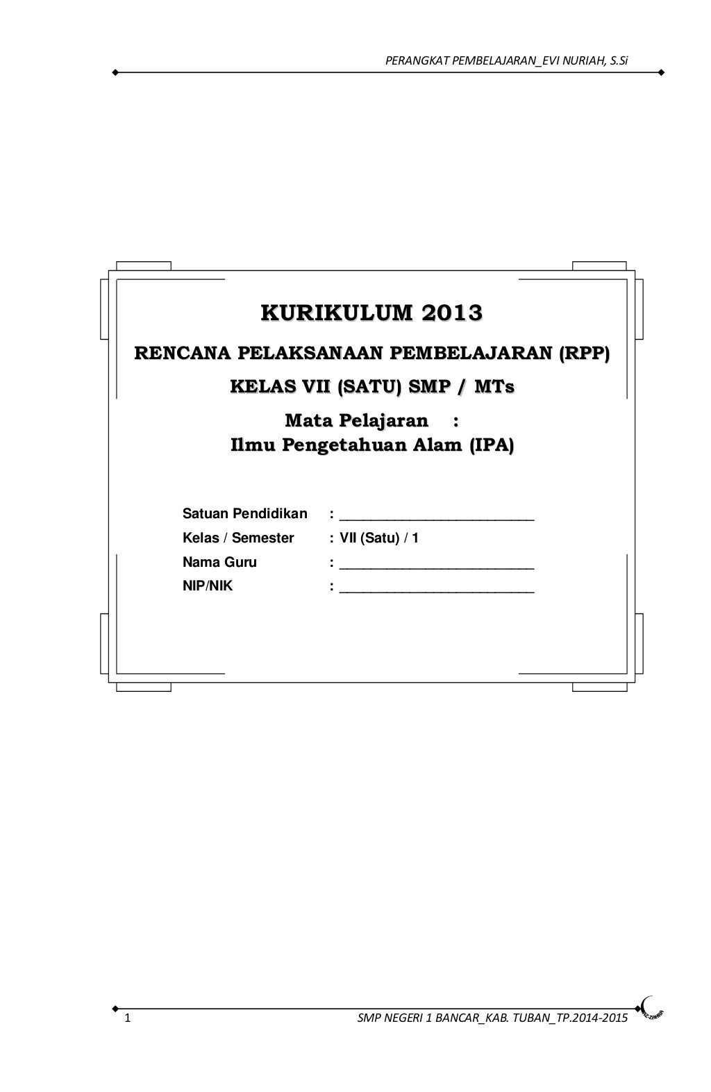 RPP KURIKULUM 2013 IPA SMP KELAS 7 SEMESTER1