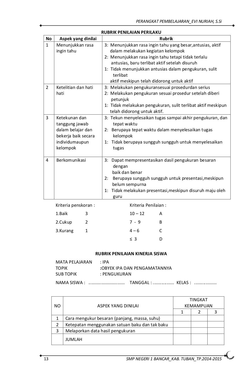 RPP KURIKULUM 2013 IPA SMP KELAS 7 SEMESTER1