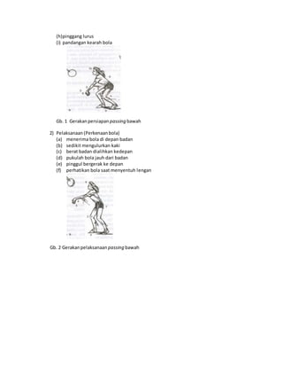 (h)pinggang lurus
(i) pandangan kearah bola
Gb. 1 Gerakanpersiapan passing bawah
2) Pelaksanaan (Perkenaanbola)
(a) menerima bola di depan badan
(b) sedikit mengulurkan kaki
(c) berat badan dialihkan kedepan
(d) pukulah bola jauh dari badan
(e) pinggul bergerak ke depan
(f) perhatikan bola saat menyentuh lengan
Gb. 2 Gerakanpelaksanaan passing bawah
 