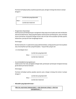 Penilaianterhadapkualitasunjukkerjapesertaujian,denganrentangnilai antara1 sampai
dengan4
Jumlahskoryang diperoleh
Nilai =
Jumlahskormaksimal
- Pengamatansikap(sikap):
Selamaprosespembelajaranguru mengamati sikap yang muncul pada saat anak melakukan
aktivitasdi dalamkelas.Sikapyangdiharapkan selama proses pembelajaran, yaitu mentaati
aturan permainan, kerjasama dengan teman satu tim dan menuunjukkan perilaku sportif,
keberanian, percaya diri dan menghargai teman
Keterangan:
Berikantandacek ( √ ) pada kolomyangsudahdisediakan,setiappesertaujianmenunjukkan
atau menampilkan perilaku yang diharapkan. Tiap perilaku yang di cek
( √ ) memdapat nilai 1
Jumlahskoryang diperoleh
Nilai =
Jumlahskormaksimal
- Kuis/embedded test(pengetahuan):
Jawab secara lisan atau peragakan dengan baik, pertanyaan-pertanyaan mengenai konsep
gerak dalam permainan bolavoli
Keterangan:
Penilaian terhadap kualitas jawaban peserta ujian, dengan rentang nilai antara 1 sampai
dengan 4
Jumlahskoryang diperoleh
Nilai =
Jumlahskormaksimal
- Nilai akhir yang diperolehsiswa=
Nilai tes unjuk kerja (keterampilan) + nilai observasi (sikap) + nilai kuis
(pengetahuan) =
Nilai maksimal ( 16+5+8 )
 