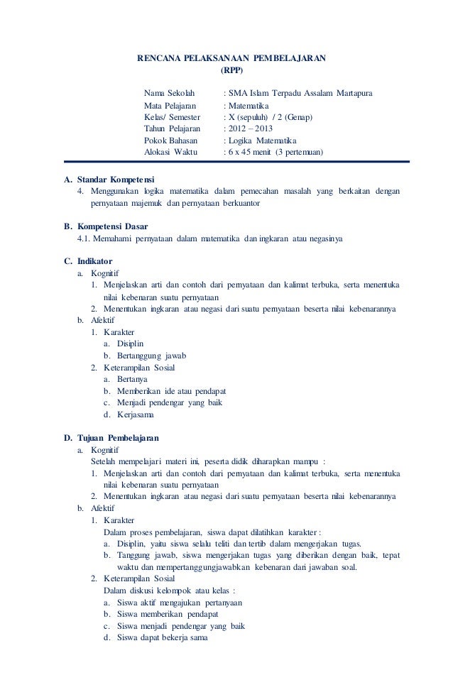 Rpp Matematika Kelas X Semester 2 Bagian 1