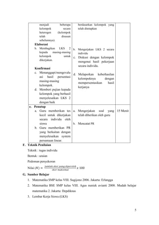 menjadi        beberapa      berdasarkan kelompok yang
             kelompok          secara     telah ditetapkan
             heterogen    (kelompok
             telah           disusun
             sebelumnya).
         Elaborasi
         b. Membagikan LKS 2 b. Mengerjakan LKS 2 secara
            kepada     masing-masing    individu
            kelompok           untuk c. Diskusi dengan kelompok
            dikerjakan.
                                          mengenai hasil pekerjaan
                                          secara individu.
       Konfirmasi
       c. Menanggapi/mengevalu
                                  d. Melaporkan keberhasilan
           asi hasil persentasi
                                     kelompoknya          dengan
           masing-masing
                                     mempersentasikan       hasil
           kelompok.
                                     kerjanya
       d. Memberi pujian kepada
           kelompok yang berhasil
           menyelesaikan LKS 2
           dengan baik
    e. Penutup
       a. Guru memberikan tes a. Mengerjakan soal yang 15 Menit
           kecil untuk dikerjakan    telah diberikan oleh guru
           secara individu oleh
           siswa                  b. Mencatat PR
       b. Guru memberikan PR
           yang berkaitan dengan
           menyelesaikan system
           persamaan linear.
F. Teknik Penilaian
   Teknik : tugas individu
   Bentuk : uraian
   Pedoman penyekoran

   Nilai (

G. Sumber Belajar
   1. Matematika SMP kelas VIII. Sugijono 2006. Jakarta: Erlangga
   2. Matematika BSE SMP kelas VIII. Agus nuniek avianti 2008. Mudah belajar
       matematika 2. Jakarta: Depdiknas
   3. Lembar Kerja Siswa (LKS)



                                                                          5
 