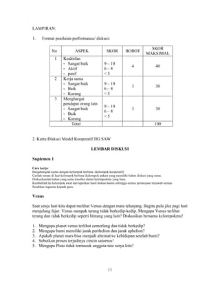 LAMPIRAN:

1.    Format penilaian performance/ diskusi:

                                                                                   SKOR
             No               ASPEK                  SKOR          BOBOT
                                                                                 MAKSIMAL
               1      Keaktifan
                      - Sangat baik                9 – 10
                                                                       4                40
                      - Aktif                      6–8
                      - pasif                      <5
               2      Kerja sama
                      - Sangat baik                9 – 10
                                                                       3                30
                      - Baik                       6–8
                      - Kurang                     <5
               3      Menghargai
                      pendapat orang lain
                                                   9 – 10
                      - Sangat baik                                    3                30
                                                   6–8
                      - Baik
                                                   <5
                      - Kurang
                          Total                                                        100


2. Kartu Diskusi Model Kooperatif JIG SAW

                                          LEMBAR DISKUSI

Suplemen 1

Cara kerja:
Bergabunglah kamu dengan kelompok berlima. (kelompok kooperatif)
Carilah teman di luar kelompok berlima (kelompok pakar) yang memiliki bahan diskusi yang sama.
Diskusikanlah bahan yang sama tersebut dalam kelompokmu yang baru.
Kembalilah ke kelompok awal dan laporkan hasil diskusi kamu sehingga semua pertanyaan terjawab semua.
Serahkan tugasmu kepada guru.


Venus

Saat senja hari kita dapat melihat Venus dengan mata telanjang. Begitu pula jika pagi hari
menjelang fajar. Venus nampak terang tidak berkedip-kedip. Mengapa Venus terlihat
terang dan tidak berkedip seperti bintang yang lain? Diskusikan bersama kelompokmu!

1.   Mengapa planet venus terlihat cemerlang dan tidak berkedip?
2.   Mengapa bumi memiliki jarak perihelion dan jarak aphelion?
3.   Apakah planet mars bisa menjadi alternative kehidupan setelah bumi?
4.   Sebutkan proses terjadinya cincin saturnus!
5.   Mengapa Pluto tidak termasuk anggota tata surya kita?




                                                      11
 