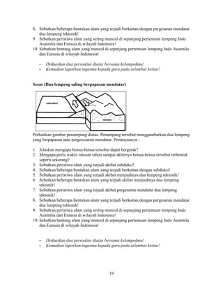 8. Sebutkan beberapa bentukan alam yang terjadi berkaitan dengan pergesaran mendatar
    dua lempeng tektonik!
9. Sebutkan peristiwa alam yang sering muncul di sepanjang pertemuan lempeng Indo
    Australia dan Eurasia di wilayah Indonesia!
10. Sebutkan bentang alam yang muncul di sepanjang pertemuan lempeng Indo Australia
    dan Eurasia di wilayah Indonesia!

   -   Diskusikan dua persoalan diatas bersama kelompokmu!
   -   Kemudian laporkan tugasmu kepada guru pada selembar kertas!


Sesar (Dua lempeng saling berpapasan mendatar)



       samudera




                                     daratan




Perhatikan gambar penampang diatas. Penampang tersebut menggambarkan dua lempeng
yang berpapasan atau pergesesaran mendatar. Pertanyaanya :

1. Jelaskan mengapa benua-benua tersebut dapat bergerak?
2. Mengapa perlu waktu ratusan tahun sampai akhirnya benua-benua tersebut terbentuk
    seperti sekarang?
3. Sebutkan peristiwa alam yang terjadi akibat subduksi!
4. Sebutkan beberapa bentukan alam yang terjadi berkaitan dengan subduksi!
5. Sebutkan peristiwa alam yang terjadi akibat menjauhnya dua lempeng tektonik!
6. Sebutkan beberapa bentukan alam yang terjadi akibat menjauhnya dua lempeng
    tektonik!
7. Sebutkan peristiwa alam yang terjadi akibat pergesaran mendatar dua lempeng
    tektonik!
8. Sebutkan beberapa bentukan alam yang terjadi berkaitan dengan pergesaran mendatar
    dua lempeng tektonik!
9. Sebutkan peristiwa alam yang sering muncul di sepanjang pertemuan lempeng Indo
    Australia dan Eurasia di wilayah Indonesia!
10. Sebutkan bentang alam yang muncul di sepanjang pertemuan lempeng Indo Australia
    dan Eurasia di wilayah Indonesia!


   -   Diskusikan dua persoalan diatas bersama kelompokmu!
   -   Kemudian laporkan tugasmu kepada guru pada selembar kertas!




                                          19
 