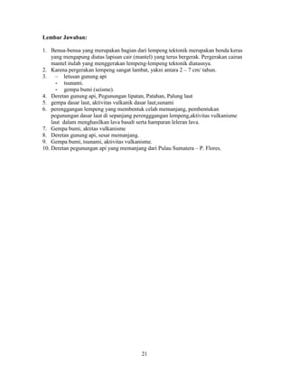 Lembar Jawaban:

1. Benua-benua yang merupakan bagian dari lempeng tektonik merupakan benda keras
    yang mengapung diatas lapisan cair (mantel) yang terus bergerak. Pergerakan cairan
    mantel itulah yang menggerakan lempeng-lempeng tektonik diatasnya.
2. Karena pergerakan lempeng sangat lambat, yakni antara 2 – 7 cm/ tahun.
3.    – letusan gunung api
      - tsunami.
      - gempa bumi (seisme).
4. Deretan gunung api, Pegunungan lipatan, Patahan, Palung laut
5. gempa dasar laut, aktivitas vulkanik dasar laut,sunami
6. perenggangan lempeng yang membentuk celah memanjang, pembentukan
    pegunungan dasar laut di sepanjang perengggangan lempeng,aktivitas vulkanisme
    laut dalam menghasilkan lava basalt serta hamparan leleran lava.
7. Gempa bumi, aktitas vulkanisme
8. Deretan gunung api, sesar memanjang.
9. Gempa bumi, tsunami, aktivitas vulkanisme.
10. Deretan pegunungan api yang memanjang dari Pulau Sumatera – P. Flores.




                                          21
 