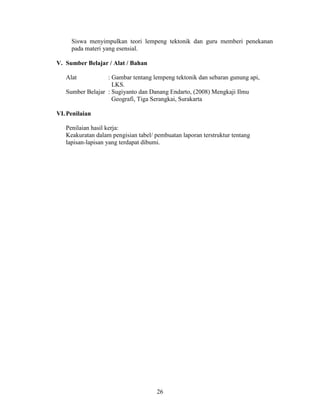 Siswa menyimpulkan teori lempeng tektonik dan guru memberi penekanan
     pada materi yang esensial.

V. Sumber Belajar / Alat / Bahan

   Alat           : Gambar tentang lempeng tektonik dan sebaran gunung api,
                    LKS.
   Sumber Belajar : Sugiyanto dan Danang Endarto, (2008) Mengkaji Ilmu
                    Geografi, Tiga Serangkai, Surakarta

VI. Penilaian

   Penilaian hasil kerja:
   Keakuratan dalam pengisian tabel/ pembuatan laporan terstruktur tentang
   lapisan-lapisan yang terdapat dibumi.




                                      26
 