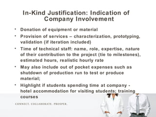 <ul><li>In-Kind Justification: Indication of Company Involvement </li></ul><ul><li>Donation of equipment or material </li>...