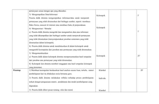 pertanyaan sesuai dengan apa yang diketahui.
3) Mengumpulkan Data/Informasi
Peserta didik diminta mengumpulkan informasi/data untuk menjawab
pertanyaan yang telah dirumuskan dari berbagai sumber, seperti: membaca
Buku Siswa, mencari di internet atau membaca buku di perpustakaan.
4) Mengasosiasi / Menalar
a) Peserta didik diminta mengolah dan menganalisis data atau informasi
yang telah dikumpulkan dari berbagai sumber untuk menjawab pertanyaan
yang telah dirumuskan (menyempurnakan jawaban sementara yang telah
dirumuskan dalam kelompok).
b) Peserta didik diminta untuk mendiskusikan di dalam kelompok untuk
mengambil kesimpulan dari jawaban atas pertanyaan yang telah dirumuskan.
5) Mengomunikasikan
a) Peserta didik dalam kelompok diminta mempresentasikan hasil simpulan
dari jawaban atas pertanyaan yang telah dirumuskan.
b) Kelompok lain diminta memberi tanggapan atas hasil simpulan kelompok
yang presentasi.
Kelompok
Kelompok
Kelompok
5’
7’
25’
Penutup 1) Membuat kesimpulan berdasarkan hasil analisis secara lisan, tertulis, materi
pembelajaran hari itu dilakukan siswa bersama guru.
2) Peserta didik diminta melakukan refleksi terhadap proses pembelajaran
terkait dengan penguasaan materi, pendekatan dan model pembelajaran yang
digunakan.
3) Peserta didik diberi pesan tentang nilai dan moral.
Klasikal
Individu
Klasikal
20’
 