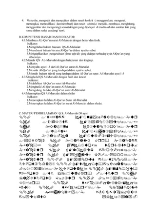 4. Mencoba, mengolah dan menyajikan dalam ranah konkrit ( menggunakan, mengurai,
merangkai, memodifikasi dan membuat) dan ranah abstrak ( menulis, membaca, menghitung,
menggambar dan mengarang) sesuaidengan yang dipelajari di madrasah dan sumber lain yang
sama dalam sudut pandang/ teori.
B.KOMPETENSI DASAR DANINDIKATOR
4.1.Membaca AL-Qur’an surat Al-Mursalat dengan benar dan fasih.
Indikator:
1.Mengetahui hukum bacaan QS Al-Mursalat
2.Memahami hukum bacaan Al-Qur’an dalam ayat tersebut.
3.Mengaplikasikan pengetahuan (ilmu tajwid) yang didapat terhadap ayat AlQur’an yang
dibacanya.
4.2.Menulis QS AL-Mursalat dengan baik,benar dan lengkap.
Indikator:
1.Menyalin ayat 1-5 dari Al-Qur’an surat Al-Mursalat
2.Menulis Al-Qur’an yang terdapat dalam ayat tersebut.
3.Menulis hukum tajwid yang terdapat dalam Al-Qur’an surat Al-Mursalat ayat 1-5
. 4.3.Menghafal QS Al-Mursalat dengan fasih dan lancar
Indikator:
1.Melafalkan Al-Qur’an surat Al-Mursalat
2.Menghafal Al-Qur’an surat Al-Mursalat
3.Mengulang hafalan Al-Qur’an surat Al-Mursalat
4.4.Menerapkan QS Al-Mursalat dalam sholat
Indikator:
. 1.Menerapkan hafalan Al-Qur’an Surat Al-Mursalat
2.Menerapkan hafalan Al-Qur’an surat Al-Mursalat dalam shalat.
C. MATERI PEMBELAJARAN Q.S. Al-Mursalat 50 ayat


















 