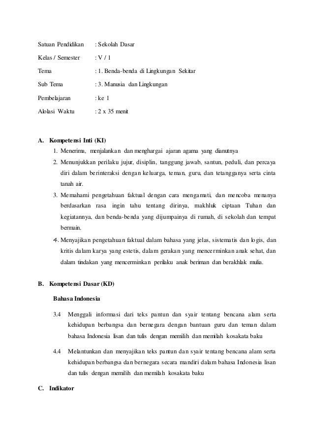 Rpp Tematik Khusus Bahasa Indonesia Kelas V
