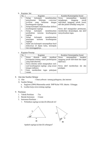 b. Kegiatan Inti
      No.                   Kegiatan                        Karakter/Keterampilan Sosial
      1.    Setiap     kelompok      mendiskusikan      Siswa      menampilkan       karakter
            penyelesaian     beberapa     contextual    menghargai,       tanggung      jawab
            problem yang        berkaitan    dengan     individual, tanggung jawab sosial,
            kesebangunan segitiga.                      adil dan peduli terhadap orang lain.
      2.    Setiap kelompok mendiskusikan definisi
            kesebangunan segitiga.                      Siswa akif mengajukan pertanyaan,
      3.    Setiap     kelompok      mendiskusikan      memberikan ide/pendapat, dan aktif
            pembuktian teorema kesebangunan             menyelesaikan tugas.
            segitiga.
      4.    Setiap     kelompok      mendiskusikan
            penerapan     teorema     kesebangunan
            segitiga.
      5.    Salah satu kelompok menampilkan hasil
            diskusinya di depan kelas, kelompok
            lain menanggapinya.

   c. Kegiatan Penutup
      No.                    Kegiatan                       Karakter/ Keterampilan Sosial
      1.    Siswa     disuruh     untuk  membuat        Siswa      menampilkan      karakter
            kesimpulan tentang materi pembelajaran      tanggung jawab individual dan dapat
            yang telah diterima.                        dipercaya.
      2.    Siswa diminta untuk mengerjakan soal-
            soal kesebangunan segitiga yang sesuai      Siswa aktif memberikan ide dan
            dengan indikator.                           pendapat.
      3.    Guru memberikan tugas pekerjaan
            rumah.

8. Alat dan Sumber Belajar
   1) Alat            : Chart,software tentang pythagoras, dan internet
   2) Sumber Belajar :
      a. Sugijono.(2004).Matematika untuk SMP Kelas VIII. Jakarta : Erlangga.
      b. Lembar kerja siswa tentang segitiga.

9. Penilaian
   1. Teknik Penilaian     : Tes
   2. Bentuk Instrumen : Uraian
   3. Instrumen Penilaian :
      1. Perhatikan segitiga (a) dan (b) dibawah ini!




          Apakah segitiga (a) dan (b) sebangun?
 