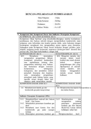 RENCANA PELAKSANAAN PEMBELAJARAN
Mata Pelajaran : Fisika
Kelas/Semester : XI/Dua
Peminatan : M-IPA
Alokasi Waktu : 4 x 4 JP
A. Kompetensi Inti, Kompetensi Dasar dan Indikator Pencapaian Kompetensi
KI SPIRITUAL (KI 1) DAN KI SOSIAL (KI 2)
Kompetensi Sikap Spiritual yang ditumbuhkembangkan melalui keteladanan,
pembiasaan, dan budaya sekolah dengan memperhatikan karakteristik mata
pelajaran, serta kebutuhan dan kondisi peserta didik, yaitu berkaitan dengan
kemampuan menghayati dan mengamalkan ajaran agama yang dianutnya.
Sedangkan pada Kompetensi Sikap Sosial berkaitan dengan perilaku jujur,
disiplin, tanggung jawab, kerjasama, responsive (kritis),pro-aktif (kreatif) dan
percaya diri, serta dapat berkomunikasi dengan baik.
KI PENGETAHUAN (KI 3) KI KETERAMPILAN (KI 4)
KI3: Memahami, menerapkan,
menganalisis pengetahuan faktual,
konseptual, prosedural berdasarkan
rasa ingintahunya tentang ilmu
pengetahuan, teknologi, seni, budaya,
dan humaniora dengan wawasan
kemanusiaan, kebangsaan,
kenegaraan, dan peradaban terkait
penyebab fenomena dan kejadian,
serta menerapkan pengetahuan
prosedural pada bidang kajian yang
spesifik sesuai dengan bakat dan
minatnya untuk memecahkan masalah
KI4: Mengolah, menalar, dan
menyaji dalam ranah
konkret dan ranah abstrak
terkait dengan
pengembangan dari yang
dipelajarinya di sekolah
secara mandiri, dan
mampu menggunakan
metoda sesuai kaidah
keilmuan
KOMPETENSI DASAR DARI KI 3 KOMPETENSI DASAR DARI
KI 4
3.6 Memahami teori kinetik gas dan
karakteristik gas pada ruang tertutup
4.6 Mempresentasi-kan laporan hasil pemikiran te
dan makna fisisnya.
Indikator Pencapaian Kompetensi (IPK)
3.4.1 Mengidentifikasi maksud dari hukum
boyle – Gay Lussac.
3.4.2 Menjelaskan persamaan keaadaan gas
ideal.
3.4.3 Memahami teori kinetic Gas dan
karakteristik gas pada ruangan
tertutup.
3.4.4 Menerapkan persamaan keadaan gas
3.4.5 Mendiskusikan dan
menganalisis tentang
penerapan persamaan
keadaan gas dan hukum
Boyle-Gay Lussac dalam
kehidupan sehari hari
4.3.2
Mempresentasikan hasil
 