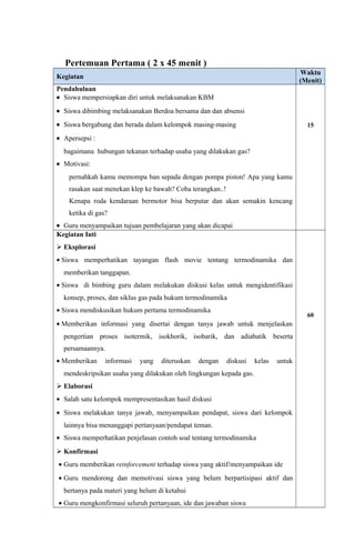 Pertemuan Pertama ( 2 x 45 menit )
Kegiatan
Waktu
(Menit)
Pendahuluan
• Siswa mempersiapkan diri untuk melaksanakan KBM
• Siswa dibimbing melaksanakan Berdoa bersama dan dan absensi
• Siswa bergabung dan berada dalam kelompok masing-masing
• Apersepsi :
bagaimana hubungan tekanan terhadap usaha yang dilakukan gas?
• Motivasi:
pernahkah kamu memompa ban sepada dengan pompa piston! Apa yang kamu
rasakan saat menekan klep ke bawah? Coba terangkan..!
Kenapa roda kendaraan bermotor bisa berputar dan akan semakin kencang
ketika di gas?
• Guru menyampaikan tujuan pembelajaran yang akan dicapai
15
Kegiatan Inti
 Eksplorasi
• Siswa memperhatikan tayangan flash movie tentang termodinamika dan
memberikan tanggapan.
• Siswa di bimbing guru dalam melakukan diskusi kelas untuk mengidentifikasi
konsep, proses, dan siklus gas pada hukum termodinamika
• Siswa mendiskusikan hukum pertama termodinamika
• Memberikan informasi yang disertai dengan tanya jawab untuk menjelaskan
pengertian proses isotermik, isokhorik, isobarik, dan adiabatik beserta
persamaannya.
• Memberikan informasi yang diteruskan dengan diskusi kelas untuk
mendeskripsikan usaha yang dilakukan oleh lingkungan kepada gas.
 Elaborasi
• Salah satu kelompok mempresentasikan hasil diskusi
• Siswa melakukan tanya jawab, menyampaikan pendapat, siswa dari kelompok
lainnya bisa menanggapi pertanyaan/pendapat teman.
• Siswa memperhatikan penjelasan contoh soal tentang termodinamika
 Konfirmasi
• Guru memberikan reinforcement terhadap siswa yang aktif/menyampaikan ide
• Guru mendorong dan memotivasi siswa yang belum berpartisipasi aktif dan
bertanya pada materi yang belum di ketahui
• Guru mengkonfirmasi seluruh pertanyaan, ide dan jawaban siswa
60
 