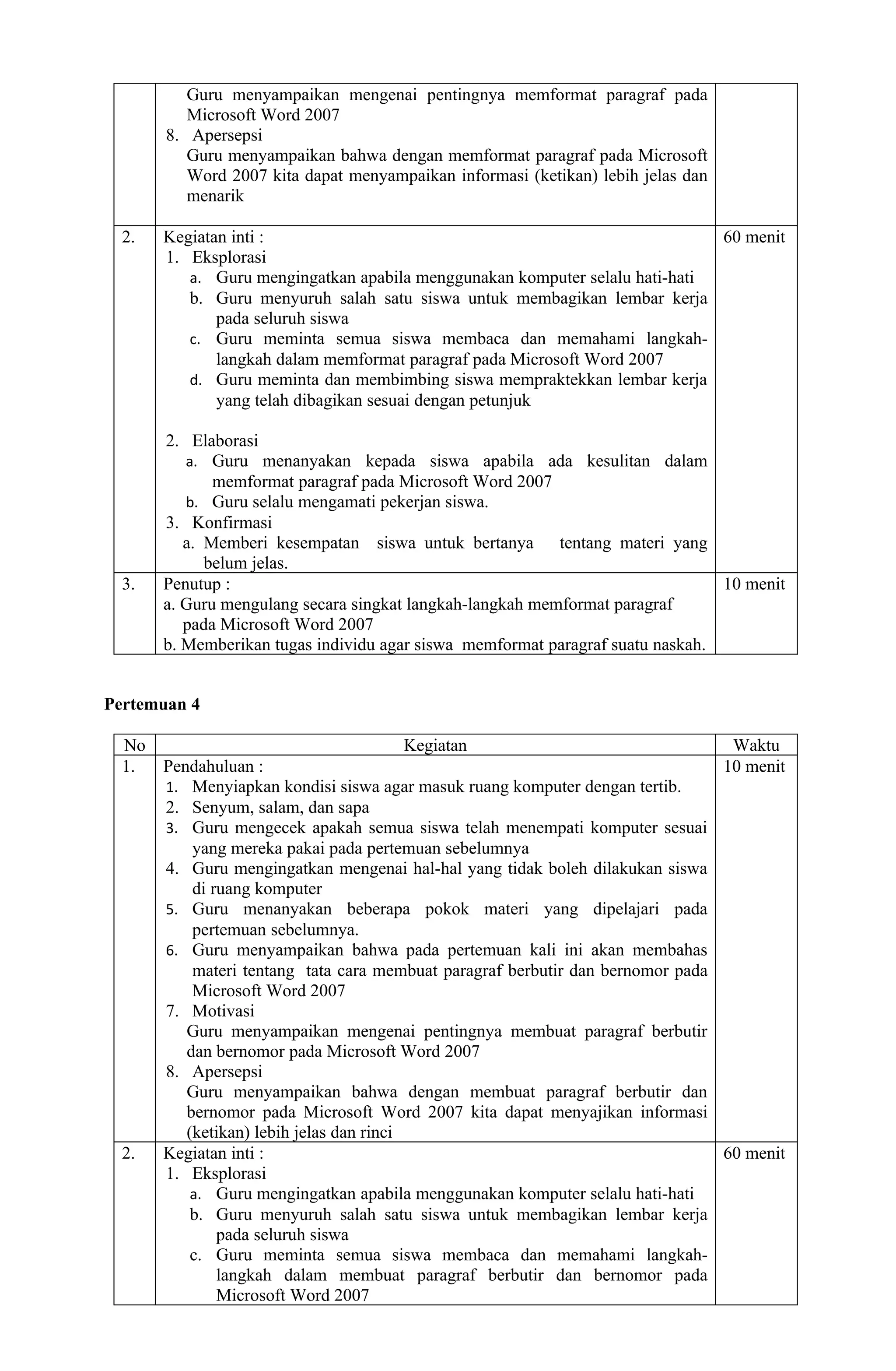 Guru menyampaikan mengenai pentingnya memformat paragraf pada
          Microsoft Word 2007
       8. Apersepsi
          Guru menyampaikan bahwa dengan memformat paragraf pada Microsoft
          Word 2007 kita dapat menyampaikan informasi (ketikan) lebih jelas dan
          menarik

  2.   Kegiatan inti :                                                       60 menit
       1. Eksplorasi
          a. Guru mengingatkan apabila menggunakan komputer selalu hati-hati
          b. Guru menyuruh salah satu siswa untuk membagikan lembar kerja
              pada seluruh siswa
          c. Guru meminta semua siswa membaca dan memahami langkah-
              langkah dalam memformat paragraf pada Microsoft Word 2007
          d. Guru meminta dan membimbing siswa mempraktekkan lembar kerja
              yang telah dibagikan sesuai dengan petunjuk

       2. Elaborasi
          a. Guru menanyakan kepada siswa apabila ada kesulitan dalam
              memformat paragraf pada Microsoft Word 2007
          b. Guru selalu mengamati pekerjan siswa.
       3. Konfirmasi
          a. Memberi kesempatan siswa untuk bertanya tentang materi yang
             belum jelas.
  3.   Penutup :                                                                10 menit
       a. Guru mengulang secara singkat langkah-langkah memformat paragraf
          pada Microsoft Word 2007
       b. Memberikan tugas individu agar siswa memformat paragraf suatu naskah.


Pertemuan 4

  No                                      Kegiatan                               Waktu
  1.   Pendahuluan :                                                            10 menit
       1. Menyiapkan kondisi siswa agar masuk ruang komputer dengan tertib.
       2. Senyum, salam, dan sapa
       3. Guru mengecek apakah semua siswa telah menempati komputer sesuai
           yang mereka pakai pada pertemuan sebelumnya
       4. Guru mengingatkan mengenai hal-hal yang tidak boleh dilakukan siswa
           di ruang komputer
       5. Guru menanyakan beberapa pokok materi yang dipelajari pada
           pertemuan sebelumnya.
       6. Guru menyampaikan bahwa pada pertemuan kali ini akan membahas
           materi tentang tata cara membuat paragraf berbutir dan bernomor pada
           Microsoft Word 2007
       7. Motivasi
          Guru menyampaikan mengenai pentingnya membuat paragraf berbutir
          dan bernomor pada Microsoft Word 2007
       8. Apersepsi
          Guru menyampaikan bahwa dengan membuat paragraf berbutir dan
          bernomor pada Microsoft Word 2007 kita dapat menyajikan informasi
          (ketikan) lebih jelas dan rinci
  2.   Kegiatan inti :                                                          60 menit
       1. Eksplorasi
           a. Guru mengingatkan apabila menggunakan komputer selalu hati-hati
           b. Guru menyuruh salah satu siswa untuk membagikan lembar kerja
               pada seluruh siswa
           c. Guru meminta semua siswa membaca dan memahami langkah-
               langkah dalam membuat paragraf berbutir dan bernomor pada
               Microsoft Word 2007
 