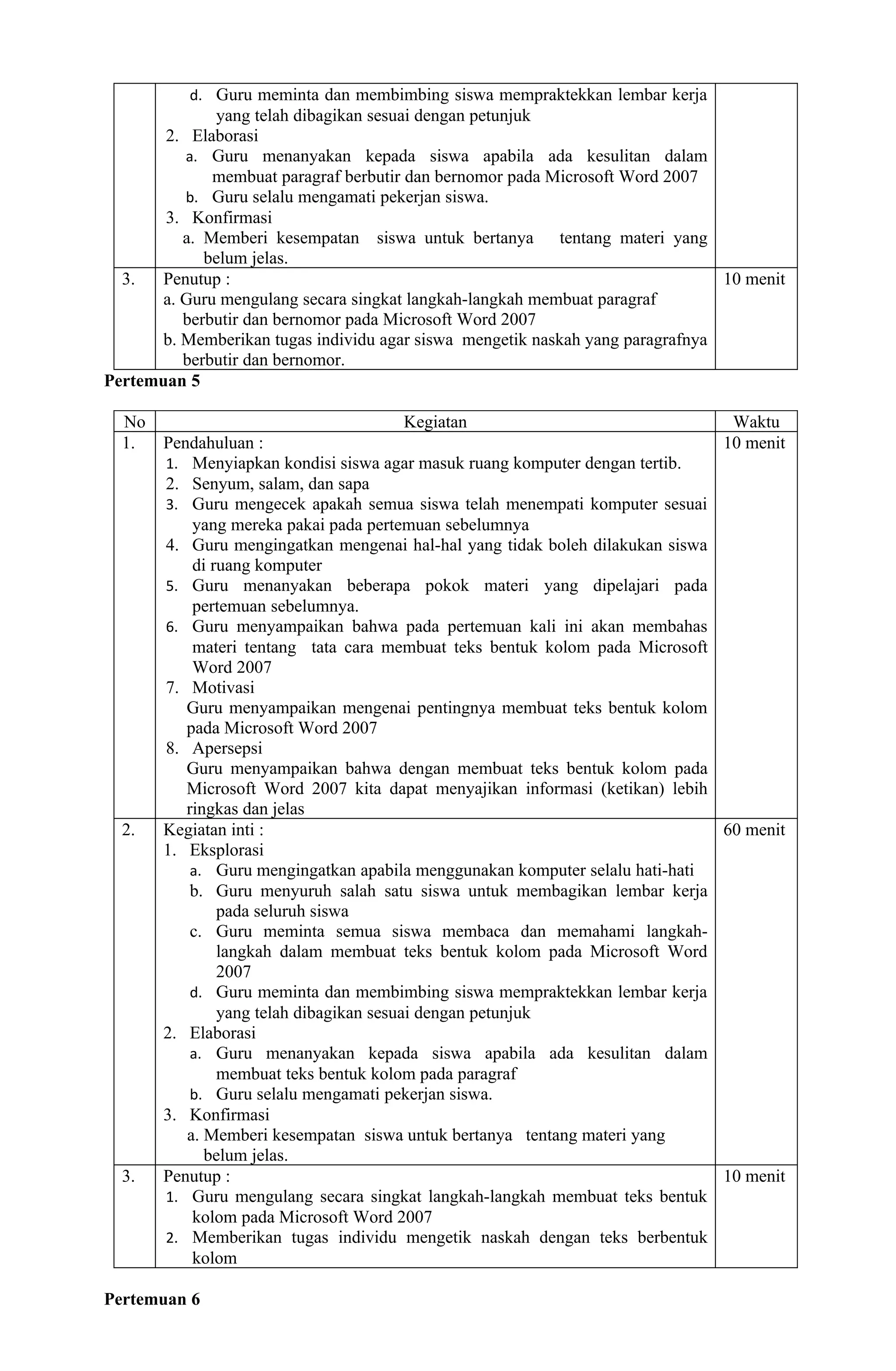 d. Guru meminta dan membimbing siswa mempraktekkan lembar kerja
              yang telah dibagikan sesuai dengan petunjuk
       2. Elaborasi
          a. Guru menanyakan kepada siswa apabila ada kesulitan dalam
              membuat paragraf berbutir dan bernomor pada Microsoft Word 2007
          b. Guru selalu mengamati pekerjan siswa.
       3. Konfirmasi
          a. Memberi kesempatan siswa untuk bertanya tentang materi yang
             belum jelas.
  3.   Penutup :                                                                10 menit
       a. Guru mengulang secara singkat langkah-langkah membuat paragraf
          berbutir dan bernomor pada Microsoft Word 2007
       b. Memberikan tugas individu agar siswa mengetik naskah yang paragrafnya
          berbutir dan bernomor.
Pertemuan 5

  No                                  Kegiatan                                   Waktu
  1.   Pendahuluan :                                                            10 menit
       1. Menyiapkan kondisi siswa agar masuk ruang komputer dengan tertib.
       2. Senyum, salam, dan sapa
       3. Guru mengecek apakah semua siswa telah menempati komputer sesuai
           yang mereka pakai pada pertemuan sebelumnya
       4. Guru mengingatkan mengenai hal-hal yang tidak boleh dilakukan siswa
           di ruang komputer
       5. Guru menanyakan beberapa pokok materi yang dipelajari pada
           pertemuan sebelumnya.
       6. Guru menyampaikan bahwa pada pertemuan kali ini akan membahas
           materi tentang tata cara membuat teks bentuk kolom pada Microsoft
           Word 2007
       7. Motivasi
          Guru menyampaikan mengenai pentingnya membuat teks bentuk kolom
          pada Microsoft Word 2007
       8. Apersepsi
          Guru menyampaikan bahwa dengan membuat teks bentuk kolom pada
          Microsoft Word 2007 kita dapat menyajikan informasi (ketikan) lebih
          ringkas dan jelas
  2.   Kegiatan inti :                                                        60 menit
       1. Eksplorasi
           a. Guru mengingatkan apabila menggunakan komputer selalu hati-hati
           b. Guru menyuruh salah satu siswa untuk membagikan lembar kerja
               pada seluruh siswa
           c. Guru meminta semua siswa membaca dan memahami langkah-
               langkah dalam membuat teks bentuk kolom pada Microsoft Word
               2007
           d. Guru meminta dan membimbing siswa mempraktekkan lembar kerja
               yang telah dibagikan sesuai dengan petunjuk
       2. Elaborasi
           a. Guru menanyakan kepada siswa apabila ada kesulitan dalam
               membuat teks bentuk kolom pada paragraf
           b. Guru selalu mengamati pekerjan siswa.
       3. Konfirmasi
          a. Memberi kesempatan siswa untuk bertanya tentang materi yang
             belum jelas.
  3.   Penutup :                                                              10 menit
       1. Guru mengulang secara singkat langkah-langkah membuat teks bentuk
           kolom pada Microsoft Word 2007
       2. Memberikan tugas individu mengetik naskah dengan teks berbentuk
           kolom

Pertemuan 6
 